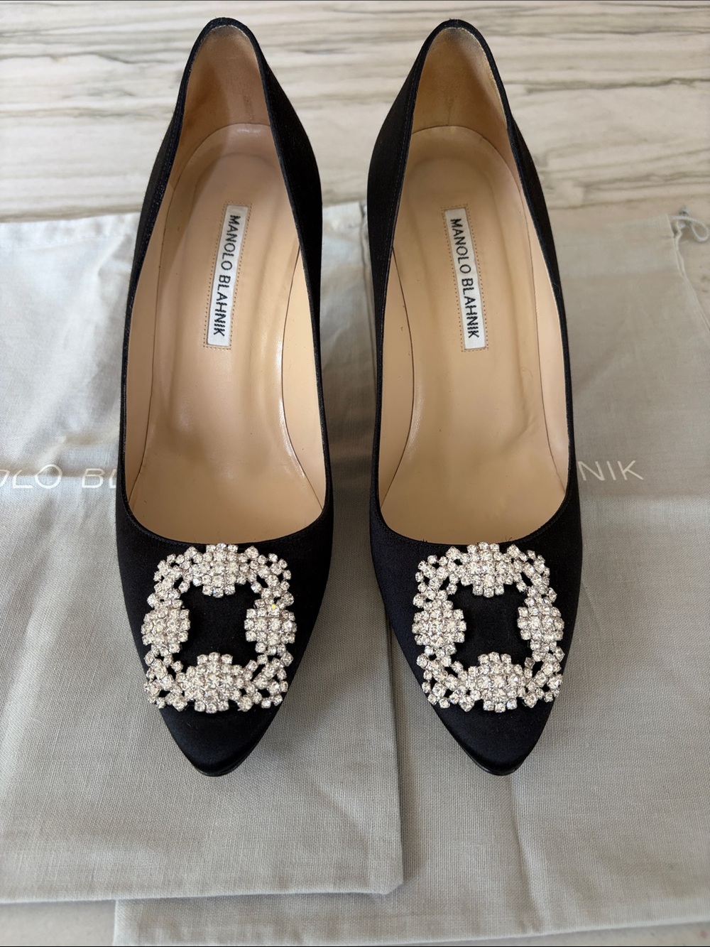 No Offers! Manolo Blahnik Hangisi Black Satin Pumps with Crystal Buckles-Size 39